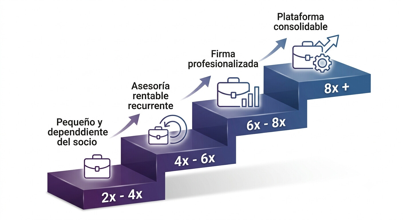 Tabla comparativa de múltiplos de valoración EBITDA para gestorías españolas en 2026, de 2x a 8x según el perfil del despacho