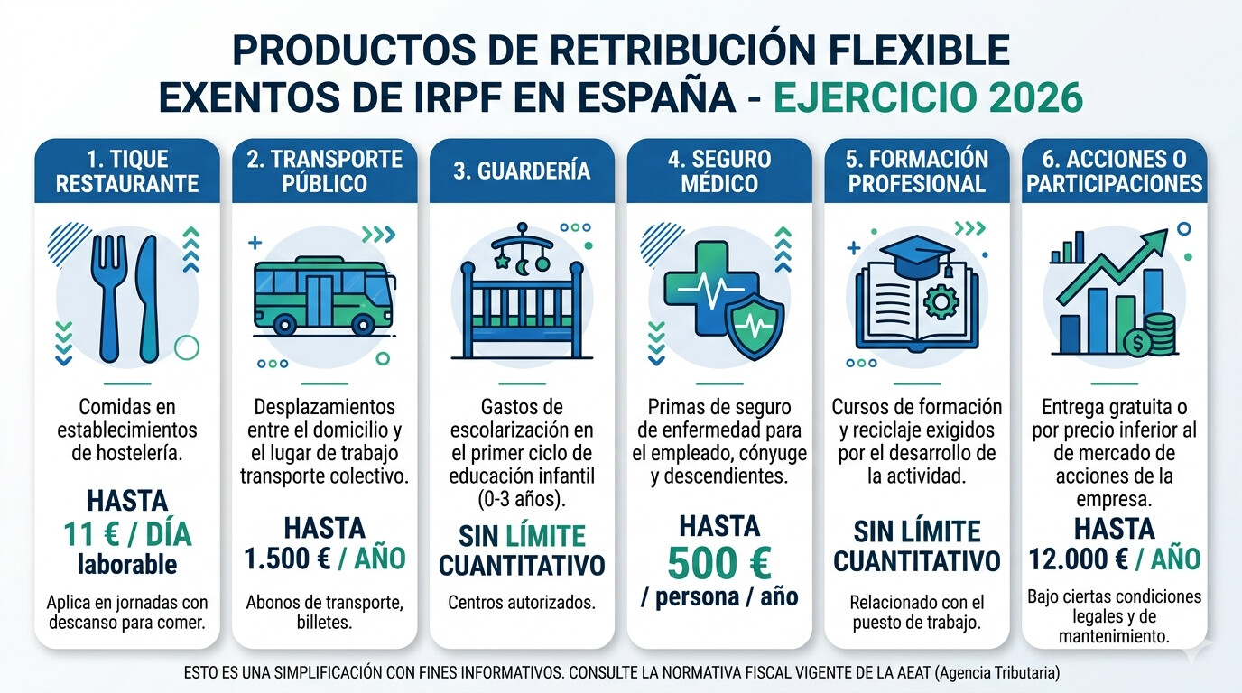 Tabla completa productos retribución flexible exentos IRPF 2026 con límites