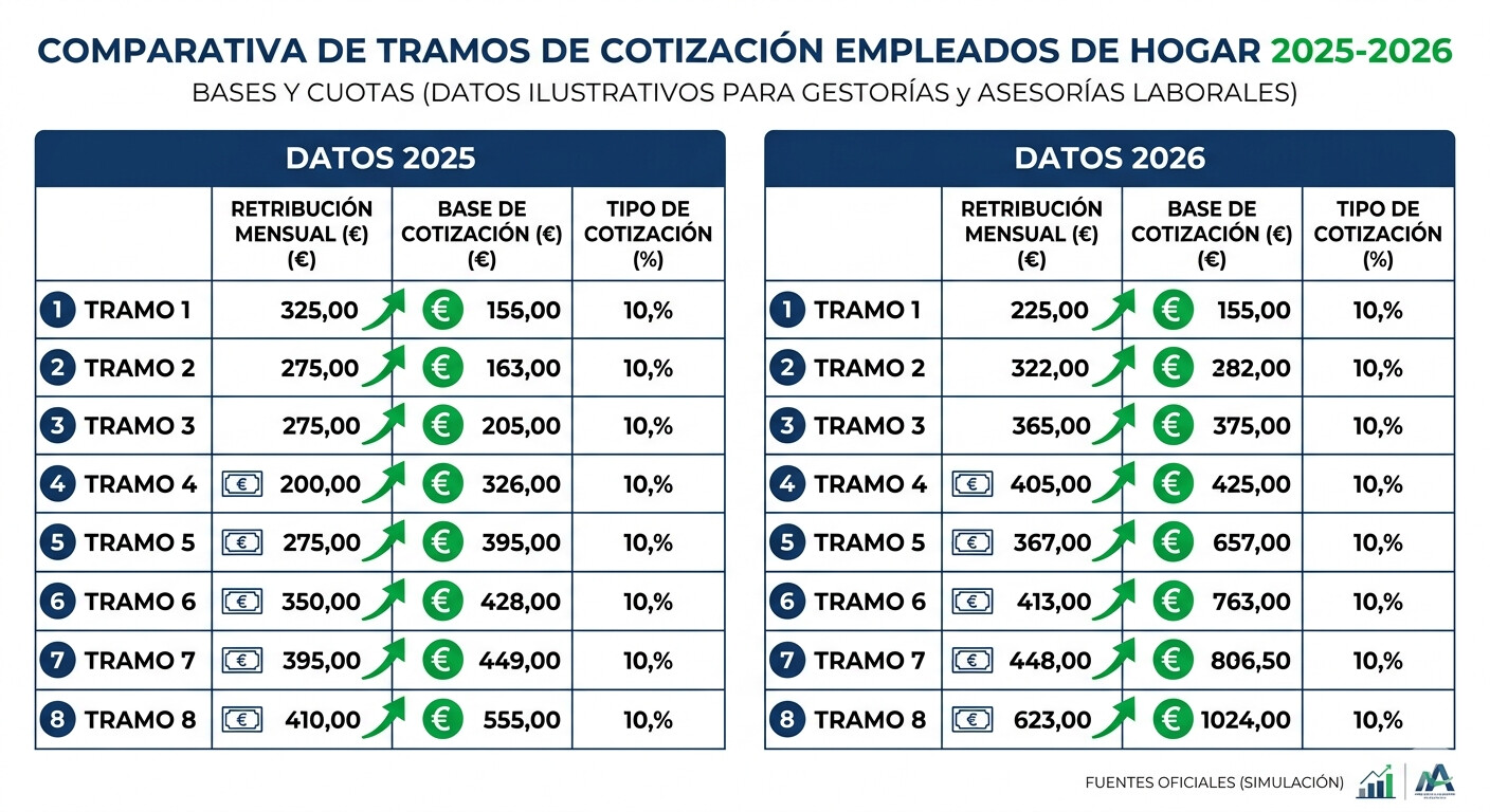 Infografía comparativa tabla 8 tramos cotización empleados hogar 2025 vs 2026 Orden PJC/297/2026 bases y retribuciones actualizadas