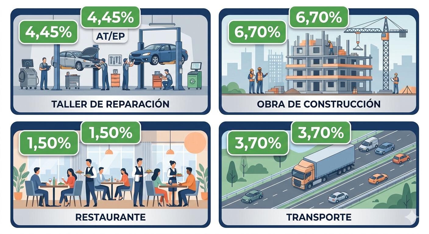 Infografía con cuatro casos prácticos de cálculo de prima AT/EP por sector: taller, constructora, restaurante y transportista
