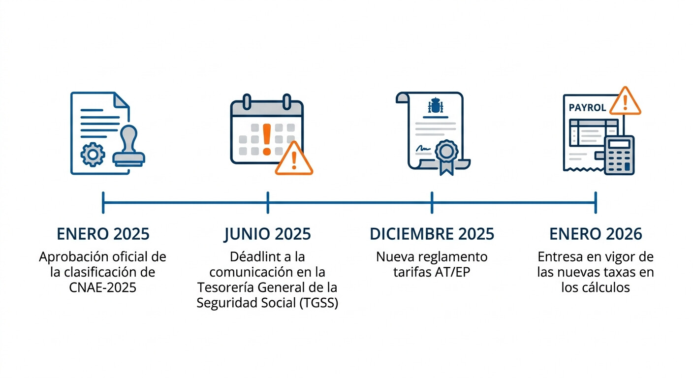 Línea de tiempo con los plazos clave: enero 2025 aprobación CNAE-2025, junio 2025 comunicación TGSS, enero 2026 nueva tarifa AT/EP en vigor