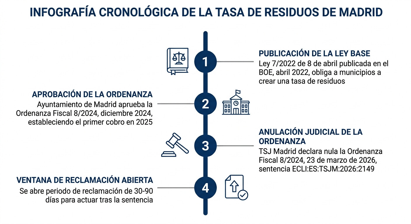 Cronología de la tasa de basuras de Madrid: Ley 7/2022, Ordenanza Fiscal 8/2024, sentencia TSJ marzo 2026 y apertura del plazo de reclamación