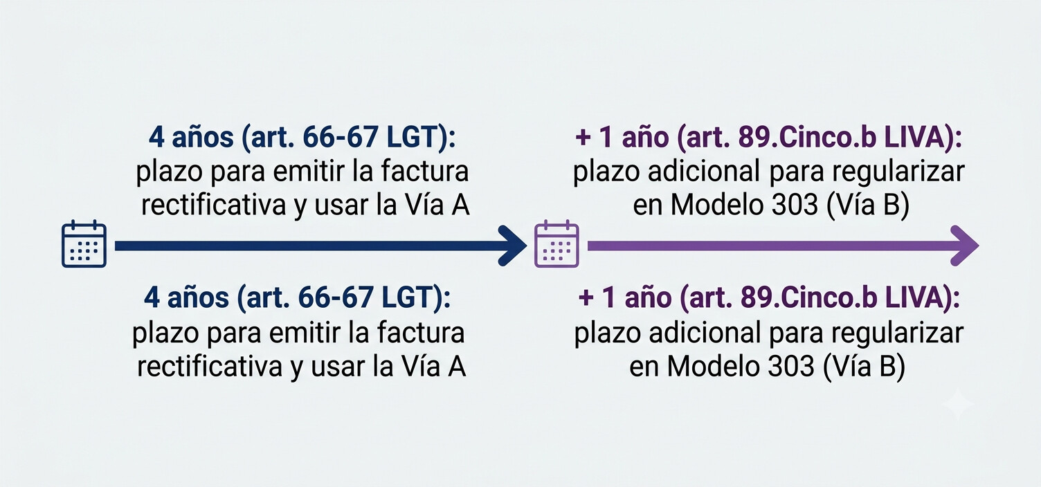 Diagrama temporal que muestra los plazos sucesivos para rectificar IVA: 4 años para emitir factura rectificativa y 1 año adicional para regularizar en Modelo 303, con ejemplo de línea de tiempo