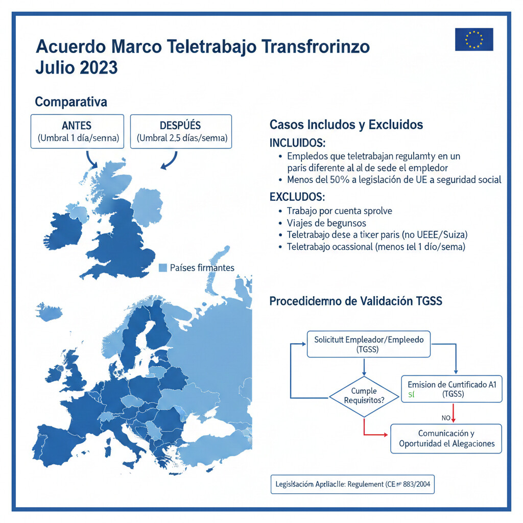 Infografía Acuerdo Marco Teletrabajo Transfronterizo julio 2023 mostrando cambio umbral 1 día semana a 2.5 días semana, 18 países firmantes, casos incluidos excluidos, procedimiento validación TGSS