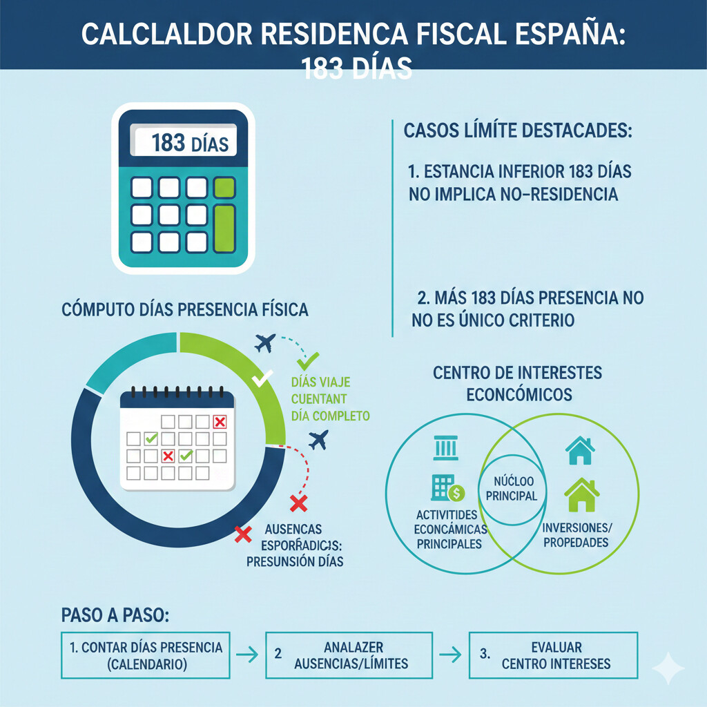 Infografía calculadora 183 días residencia fiscal mostrando cómo contar días presencia física España, ausencias esporádicas presunción, casos límite viajes internacionales, centro intereses económicos