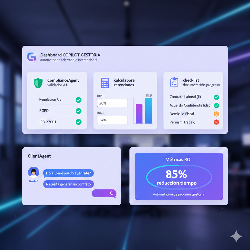 Dashboard COPILOT GESTORIA mostrando automatización teletrabajo internacional con ComplianceAgent validador A1, TaxAgent calculadora retenciones IRPF IRNR, DocumentAgent checklist documentación, ClientAgent chat IA 24/7, métricas ROI 85% reducción tiempo