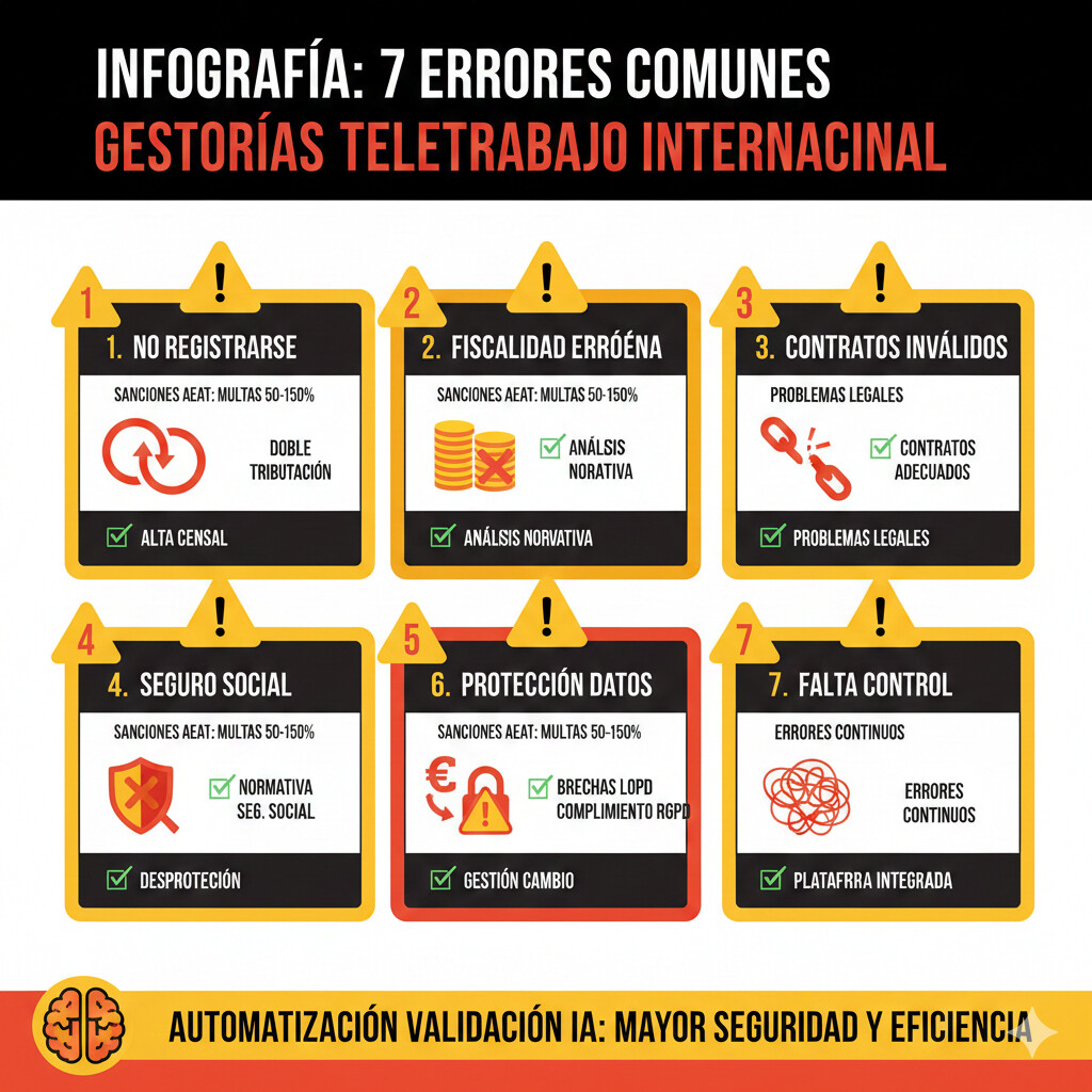 Infografía errores comunes gestorías teletrabajo internacional mostrando 7 errores críticos, sanciones AEAT multas 50-150%, consecuencias doble tributación, checklist evitar errores, automatización validación