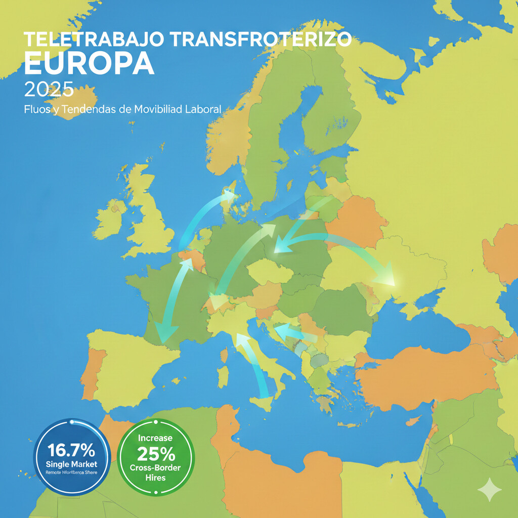 Mapa Europa mostrando flujos teletrabajo transfronterizo principales corredores España-Portugal, España-Francia, trabajadores móviles 16.7% mercado único, aumento 25% contrataciones cross-border 2025