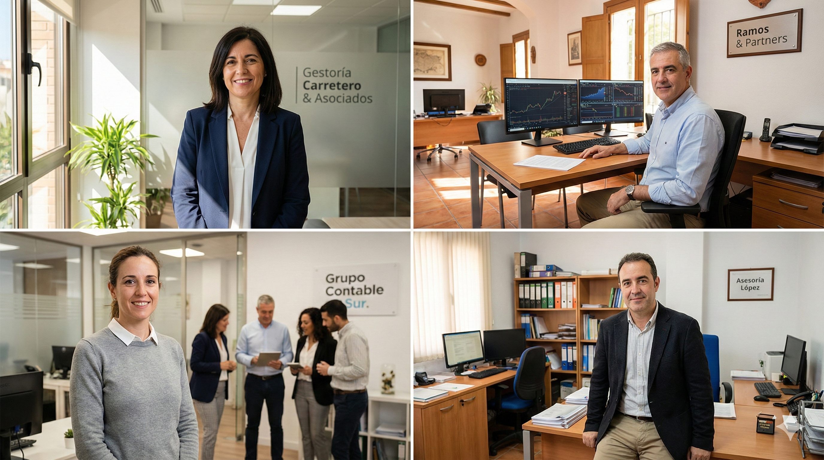 Collage de gestores españoles que implementaron software IA en sus gestorías con éxito