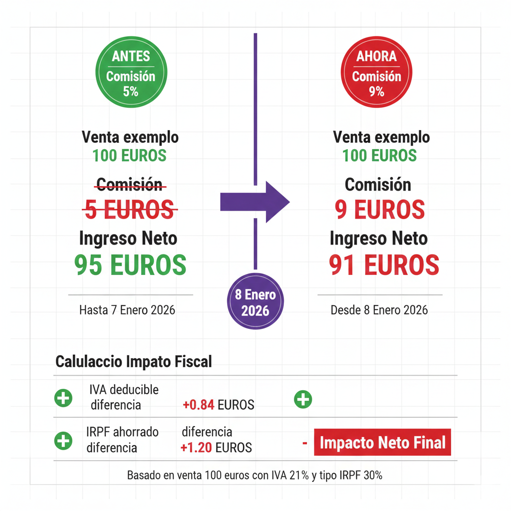 Infografía impacto comisión 9% TikTok Shop antes después comparativa venta 100 euros deducibilidad IVA IRPF