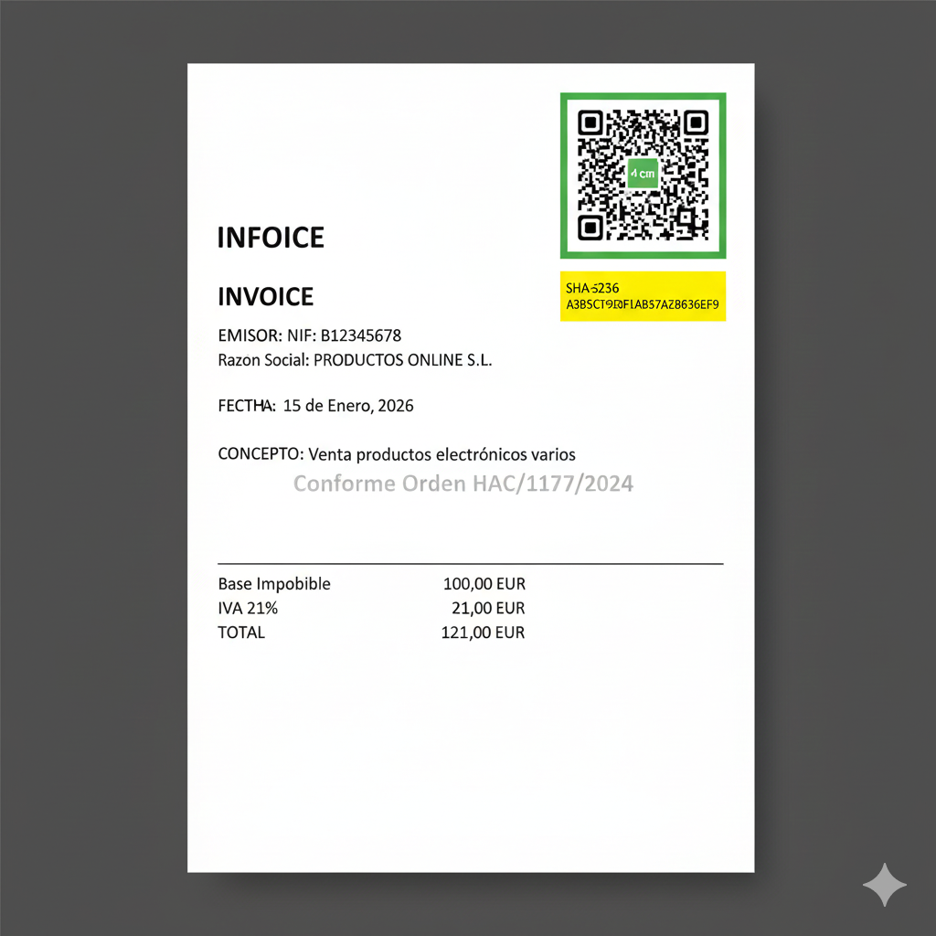 Ejemplo factura TikTok Shop con VeriFactu hash SHA-256 y código QR destacados cumpliendo Orden HAC/1177/2024