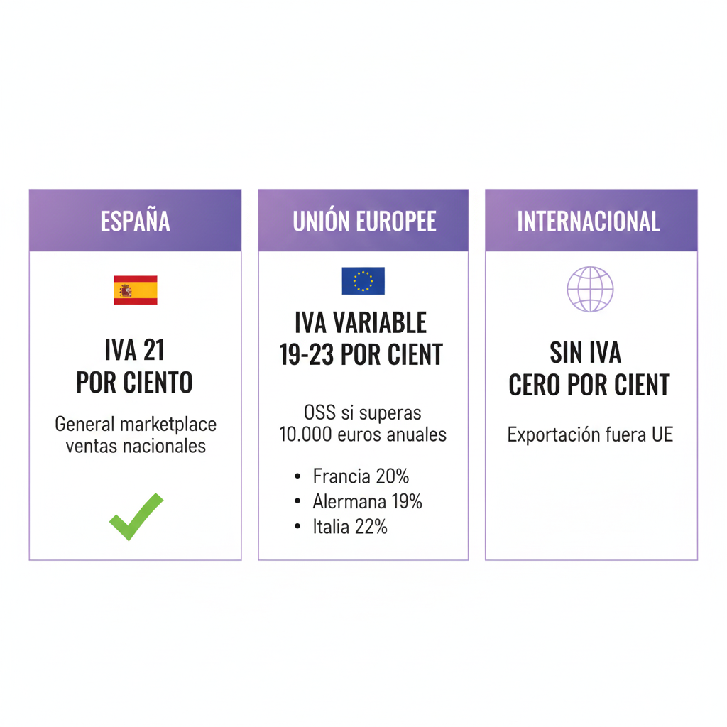 Tabla comparativa IVA TikTok Shop España 21% versus Francia 20% Alemania 19% países UE y ventas internacionales sin IVA