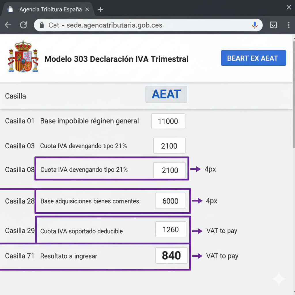 Captura pantalla formulario modelo 303 AEAT con casillas 01 03 28 29 71 resaltadas para ventas TikTok Shop