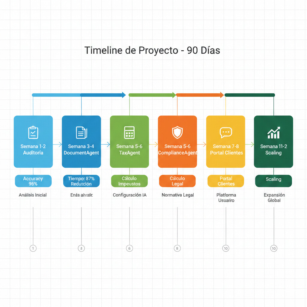 Timeline visual de 90 días mostrando las 6 fases de implementación con checkpoints semanales, desde auditoría inicial hasta scaling completo, con iconos de progreso y métricas clave