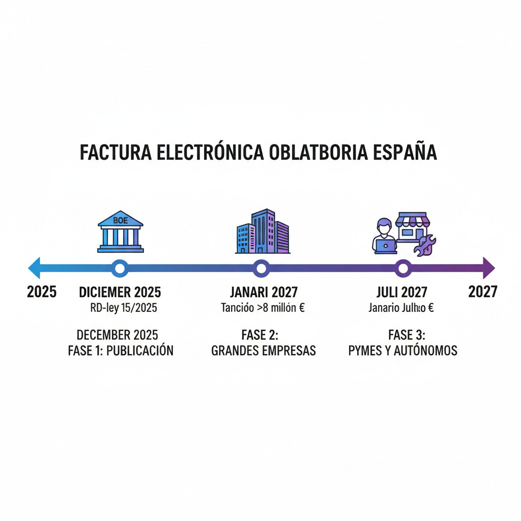 Diagrama timeline visual mostrando 3 fases factura electrónica España: Enero 2027 empresas con Impuesto sobre Sociedades, Julio 2027 autónomos y resto contribuyentes, con iconos representando empresas grandes, PYMEs y autónomos