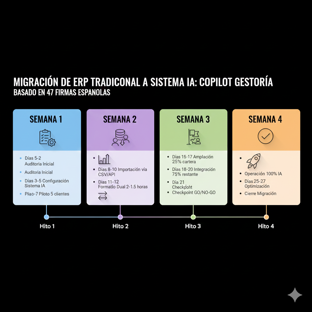 Línea temporal del proceso de migración de ERP tradicional a sistema IA en 4 semanas