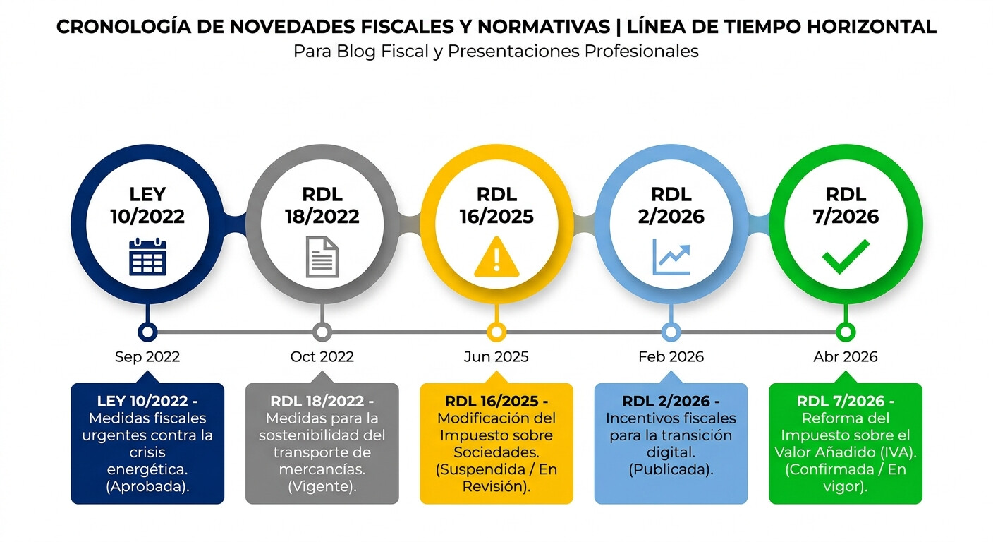 Línea de tiempo del historial legislativo de las deducciones por eficiencia energética: Ley 10/2022, RDL 18/2022, RDL 16/2025, RDL 2/2026 y RDL 7/2026 con fechas y efectos