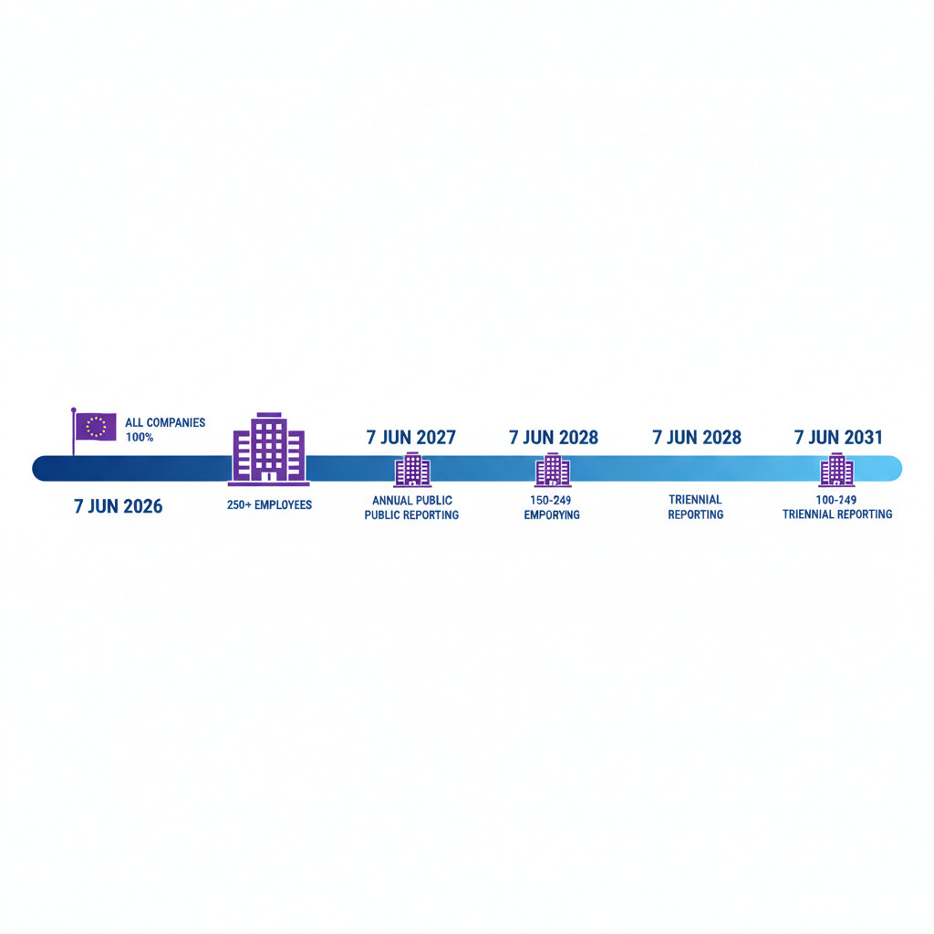Calendario escalonado Directiva UE 2023/970 transparencia retributiva: 7 junio 2026 transposición todas empresas, 7 junio 2027 reporting público 250+ empleados, 7 junio 2028 reporting 150-249 empleados, 7 junio 2031 reporting 100-149 empleados