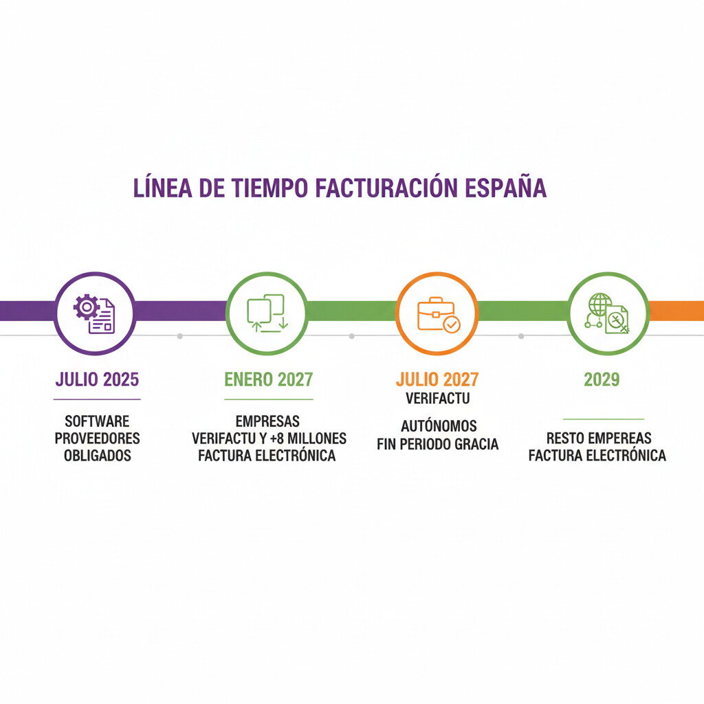 Línea de tiempo horizontal de 2025 a 2029 mostrando hitos críticos: julio 2025 software proveedores, enero 2027 empresas VERIFACTU y >8M factura electrónica, julio 2027 autónomos VERIFACTU, enero 2028 fin período gracia, 2029 resto empresas factura electrónica, diseño infográfico profesional colores púrpura y verde