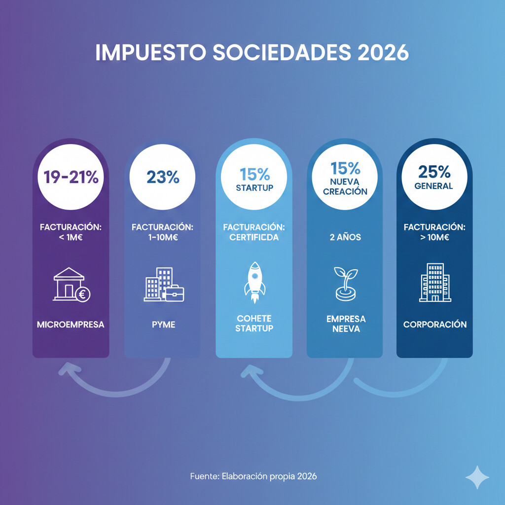 Infografía tipos Impuesto Sociedades 2026: micropymes 19-21%, pymes 23%, startups 15%, general 25%