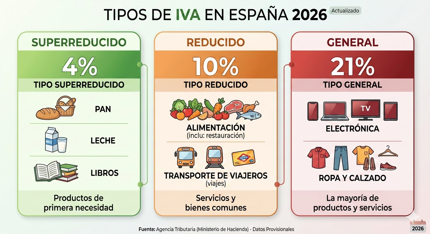 Tabla tipos IVA España 2026 mostrando tipo general 21%, reducido 10%, superreducido 4% con ejemplos productos servicios cada categoría, diseño limpio corporativo