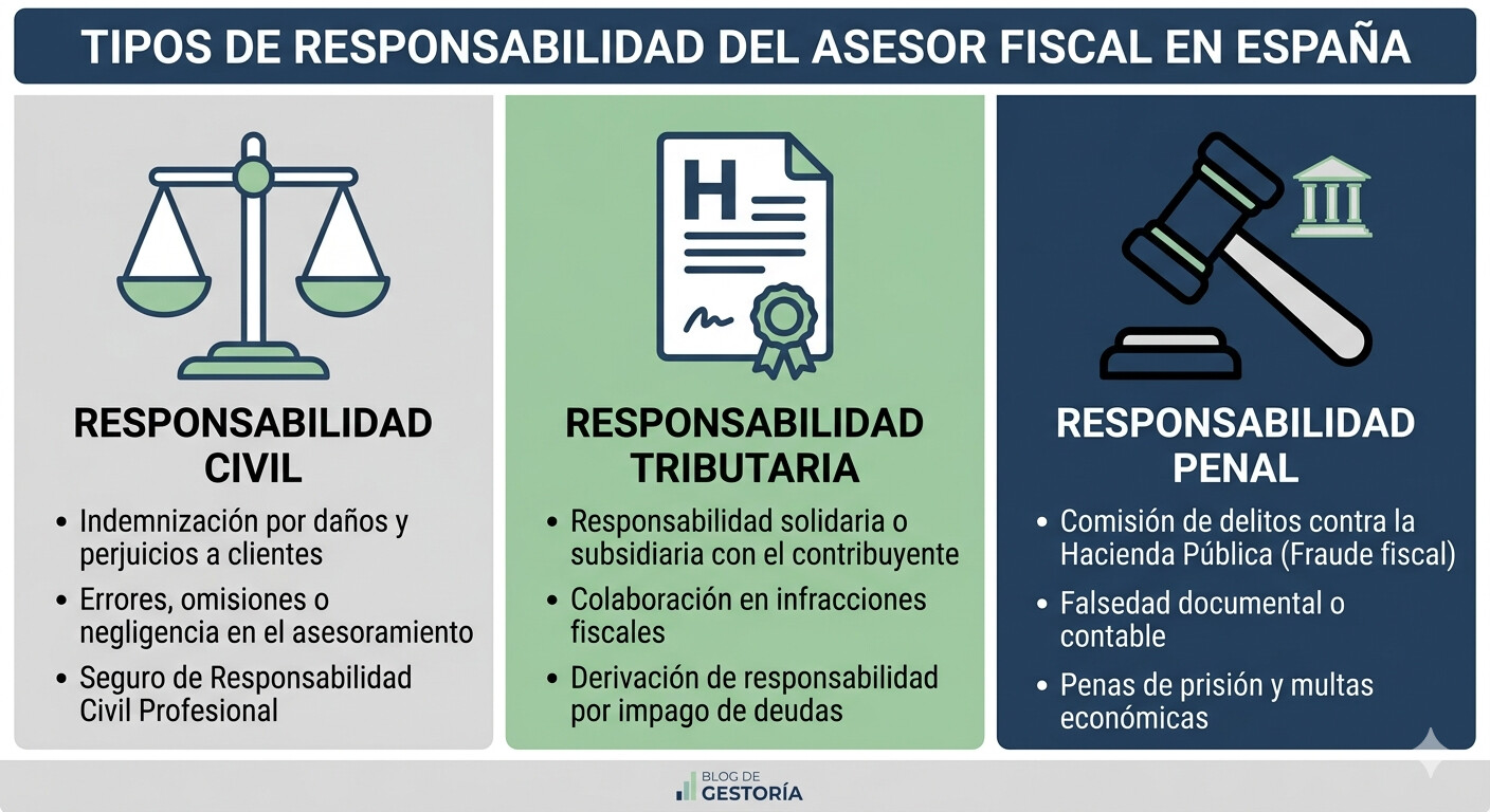 Infografía que muestra los tres tipos de responsabilidad del asesor fiscal: civil, tributaria y penal, con sus respectivas bases legales
