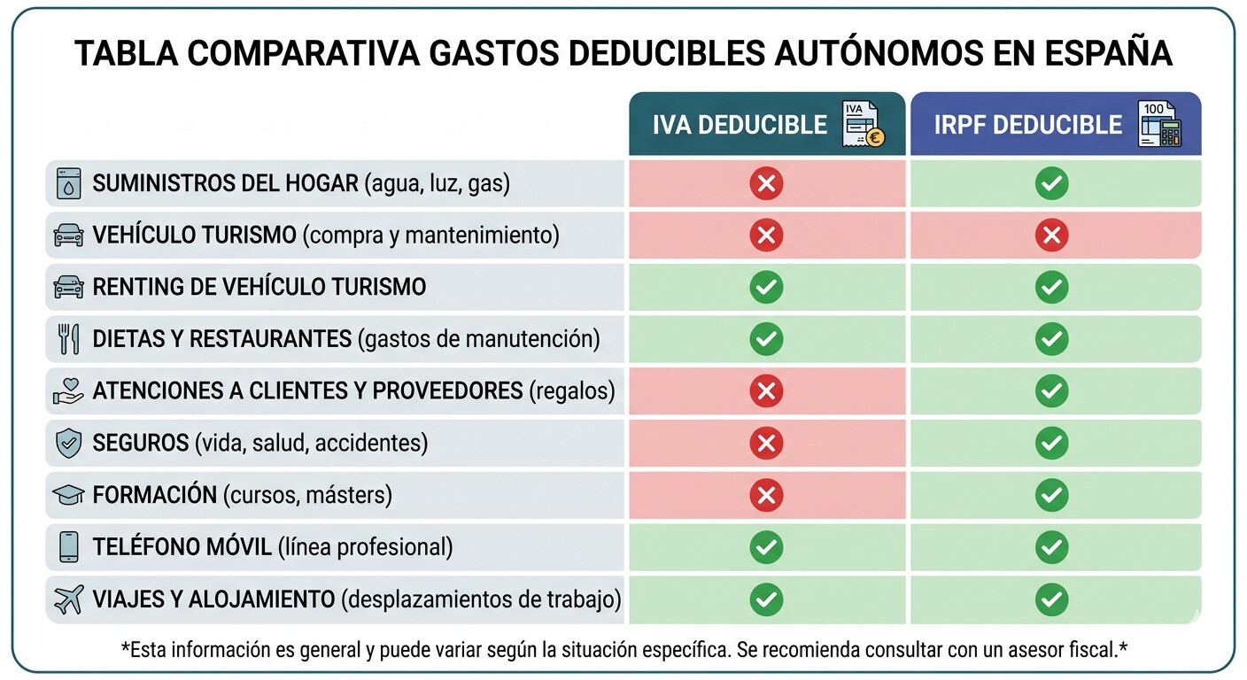 Infografía resumen de las 9 partidas críticas de IVA e IRPF para autónomos en España 2026 con colores diferenciados por deducible y no deducible