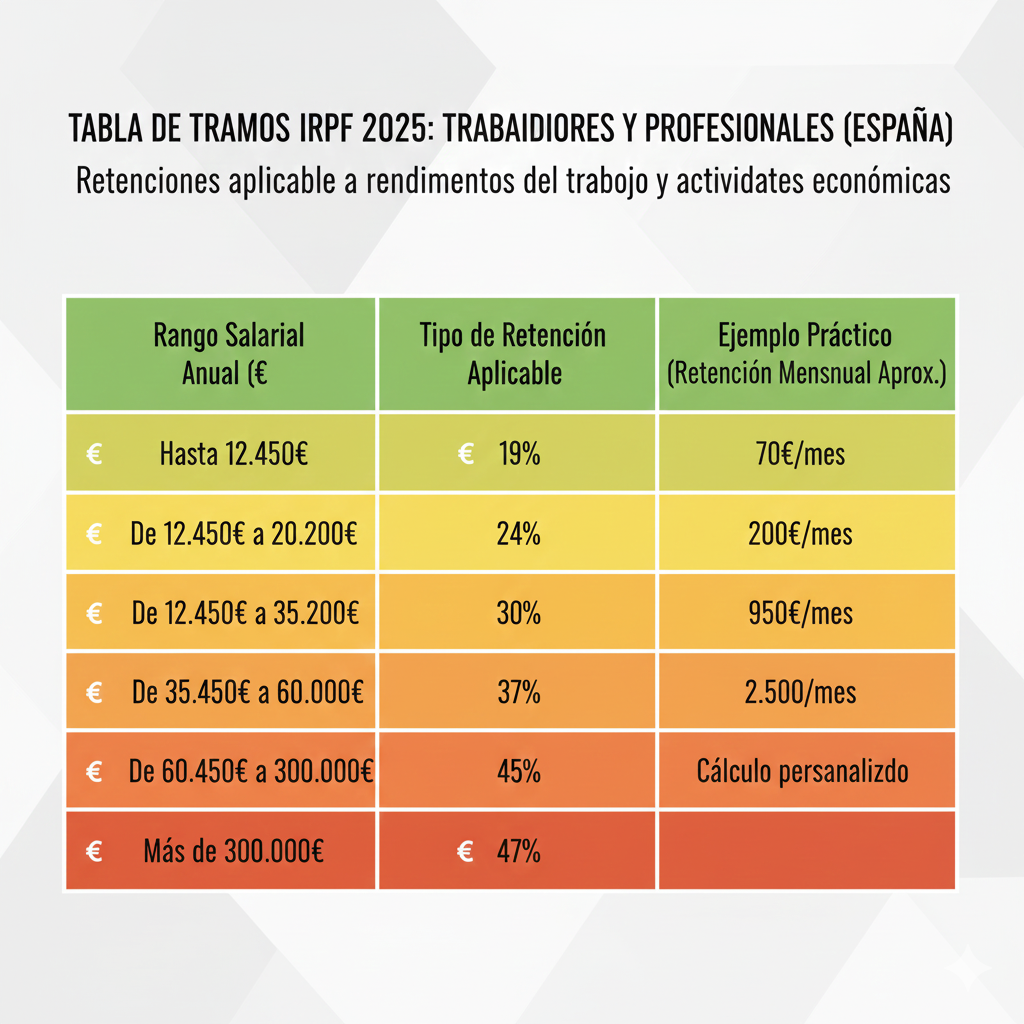 Tabla visual 6 tramos IRPF 2025 España: 19% hasta €12,450, 24% hasta €20,200, 30% hasta €35,200, 37% hasta €60,000, 45% hasta €300,000, 47% más €300,000 con ejemplos prácticos nóminas