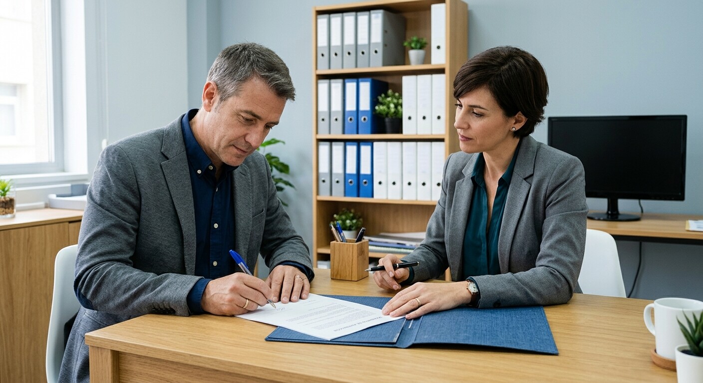 Gestor y cliente firmando la autorización para que un nuevo apoderado actúe ante la Agencia Tributaria tras el traspaso del despacho