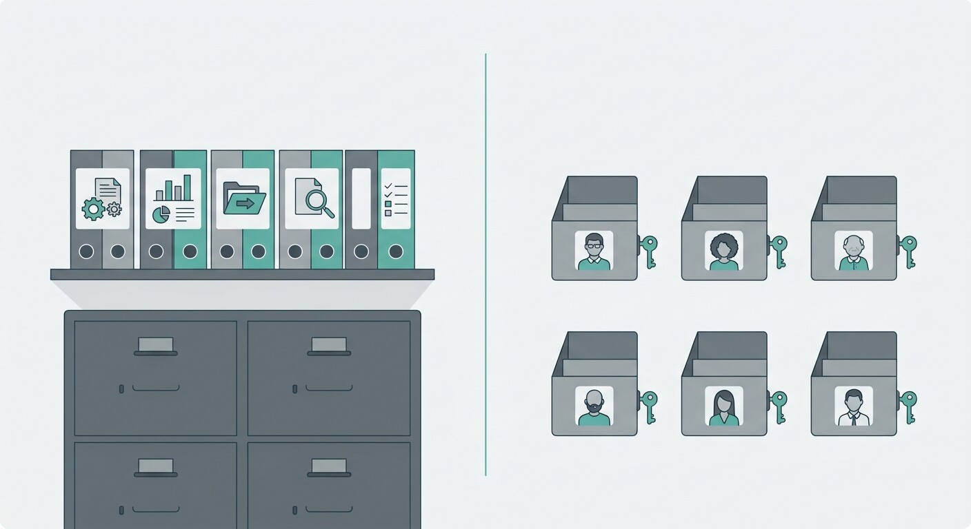 Diagrama con dos grupos de documentos de un despacho: los propios del despacho y los de cada cliente tratados por encargo