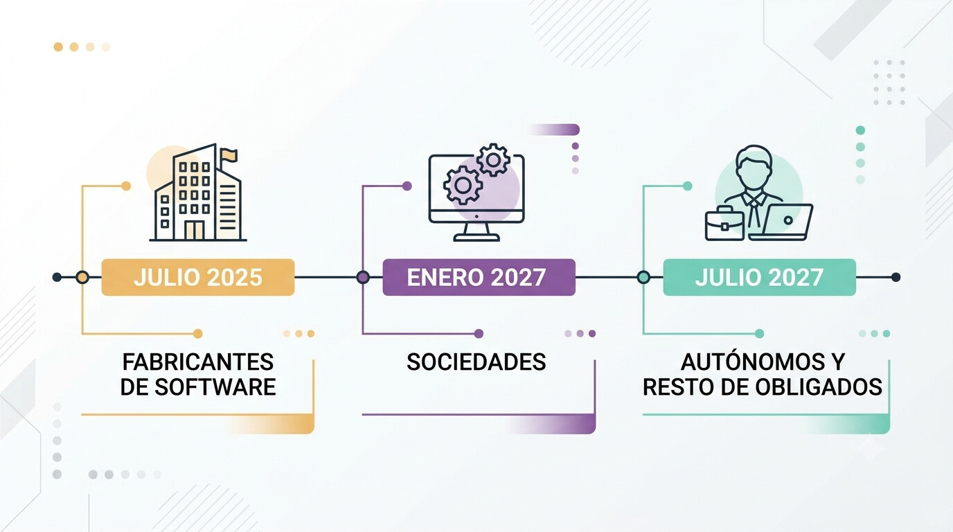 Línea de tiempo VeriFactu: julio 2025 fabricantes, enero 2027 sociedades, julio 2027 autónomos