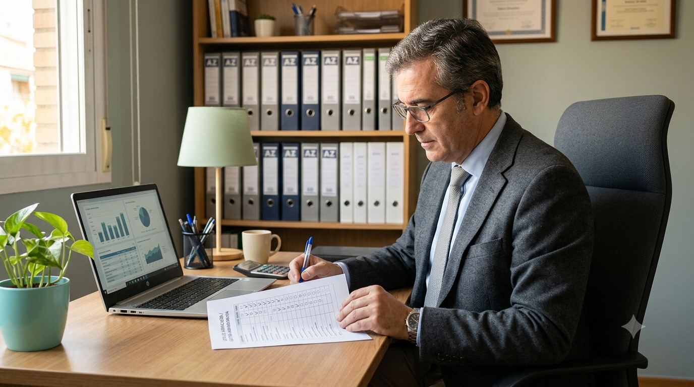 Gestor administrativo revisando un checklist de cumplimiento VeriFactu en su despacho antes de la fecha límite de 2027