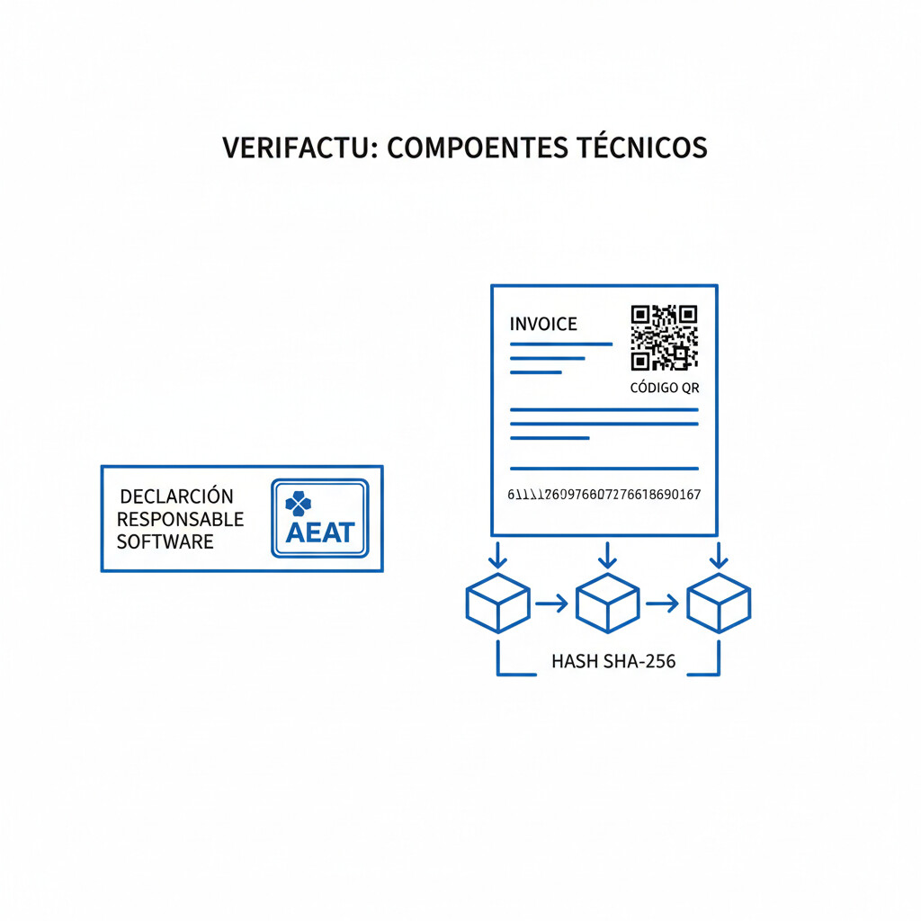 Infografía técnica de componentes VERIFACTU: código QR en esquina superior derecha, hash SHA-256 encadenado entre facturas consecutivas, declaración responsable software, fondo blanco limpio estilo diagrama técnico profesional