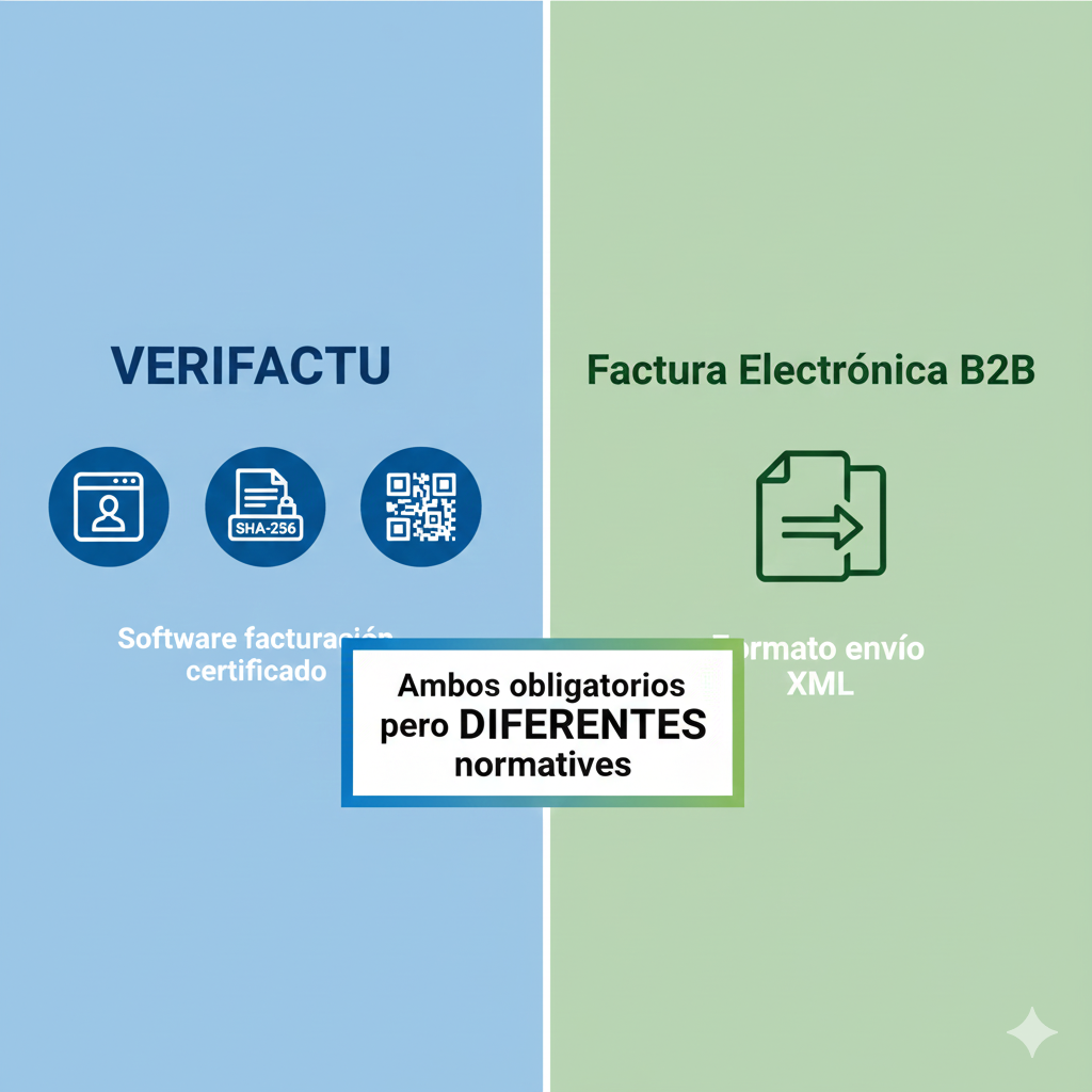 Diagrama comparativo VERIFACTU vs Factura Electrónica B2B: VERIFACTU es software facturación certificado hash SHA-256, Factura Electrónica B2B es envío formato estructurado XML entre empresas, ambos obligatorios pero diferentes normativas