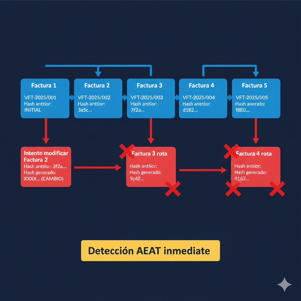 Diagrama encadenamiento blockchain VERIFACTU: 5 facturas encadenadas donde factura 1 hash INITIAL, factura 2 incluye hash factura 1, factura 3 incluye hash factura 2, etc, ejemplo intento modificar factura 2 rompe hash factura 3-4-5 completas, detección inmediata AEAT
