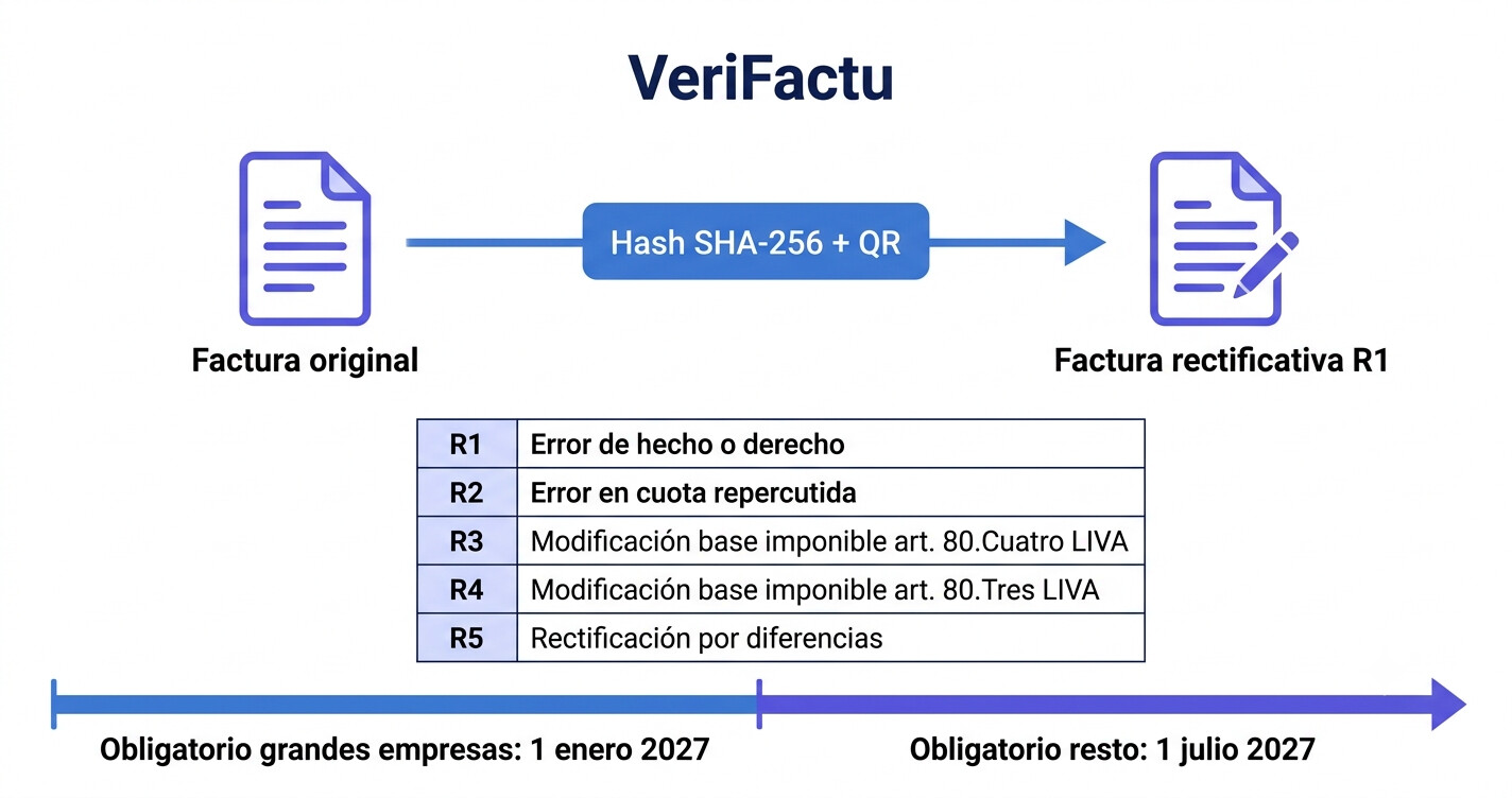 Diagrama técnico de integración VeriFactu para facturas rectificativas con claves R1 a R5, huella digital, QR de verificación y encadenamiento de registros en el sistema de facturación
