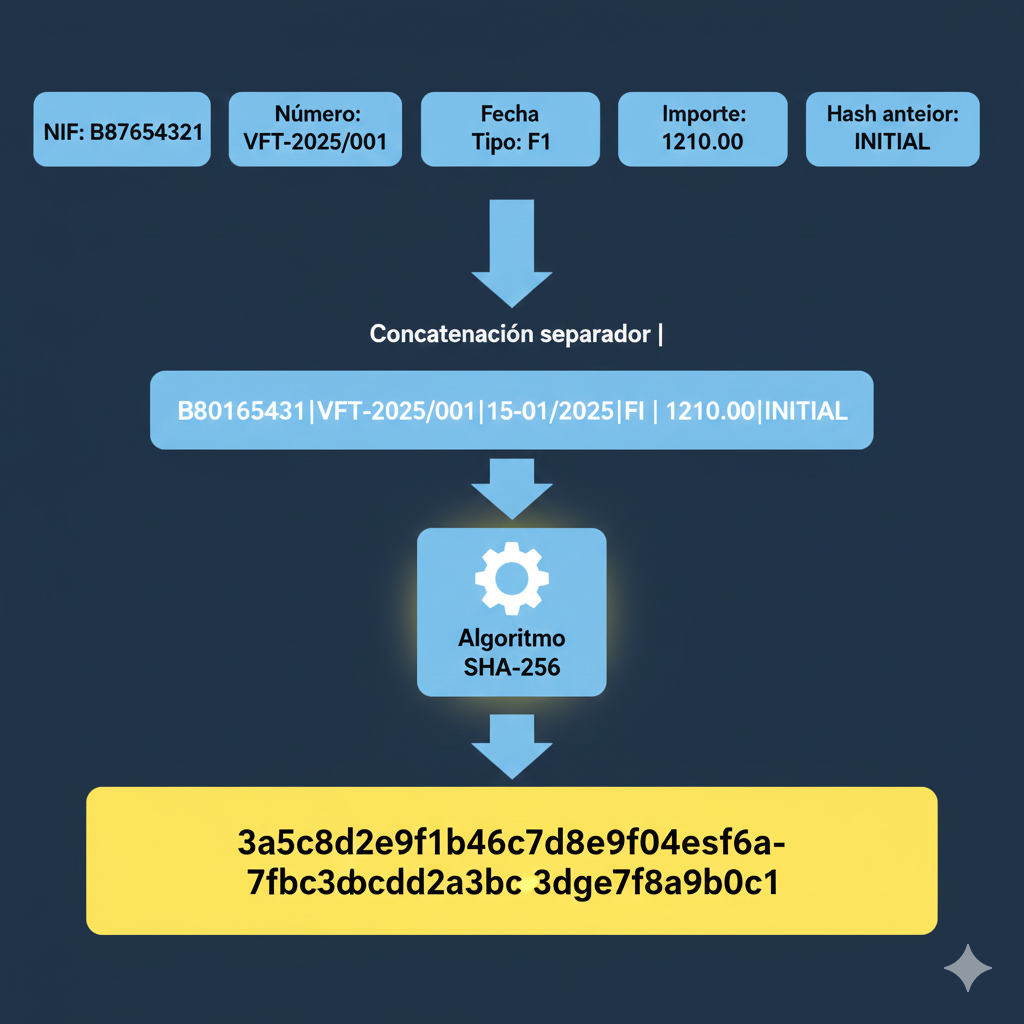 Diagrama explicativo cálculo hash SHA-256 VERIFACTU: campos factura NIF emisor B87654321, número serie VFT-2025/001, fecha 15-01-2025, tipo F1, importe 1210.00, hash anterior 64 caracteres, concatenación con separador pipe, algoritmo SHA-256 genera huella digital 64 caracteres hexadecimales