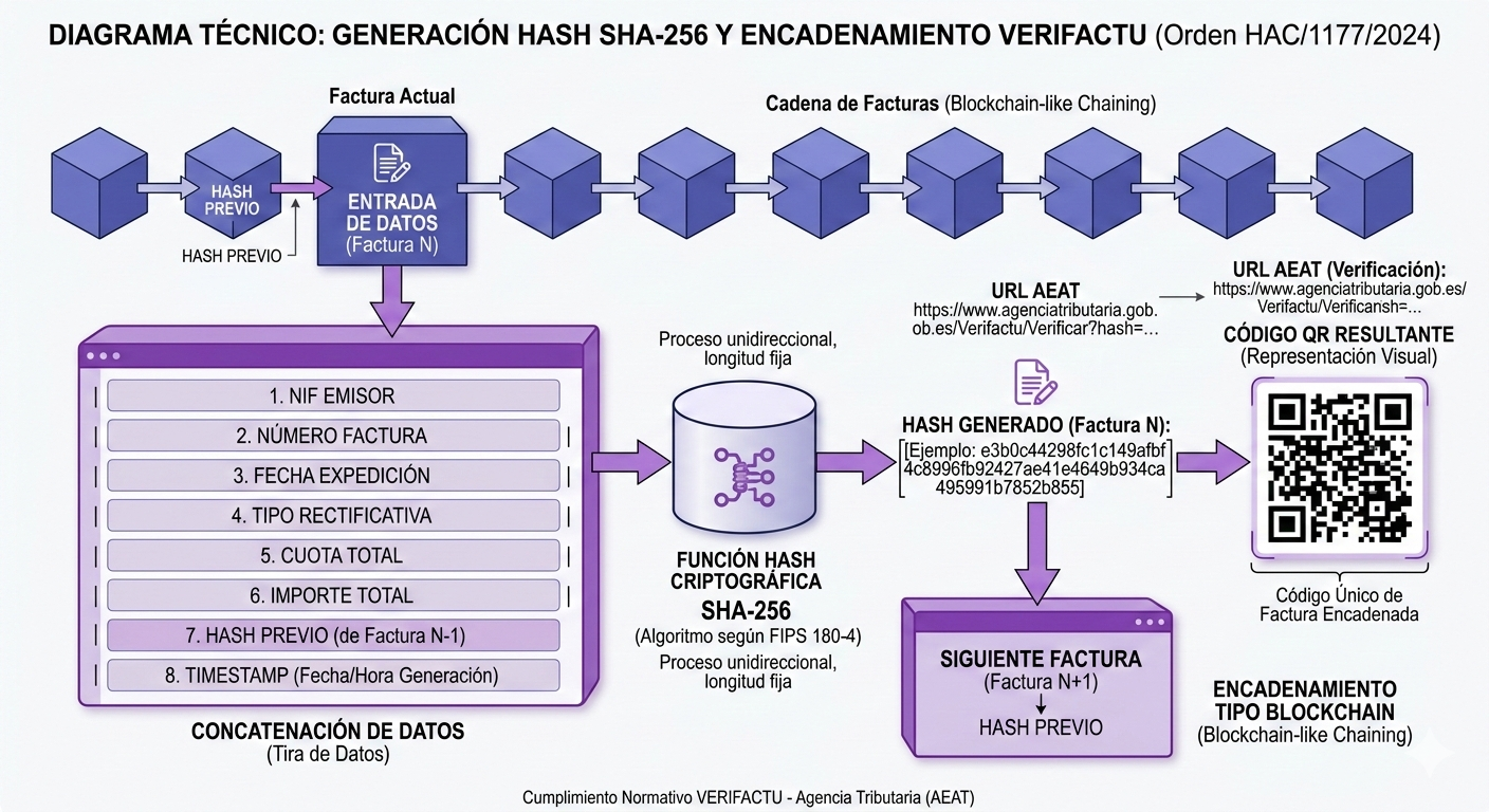 Generación del sello digital VERIFACTU según Orden HAC/1177/2024 mostrando 8 campos encadenados, generación sello digital, QR code con URL AEAT, estilo infográfico técnico