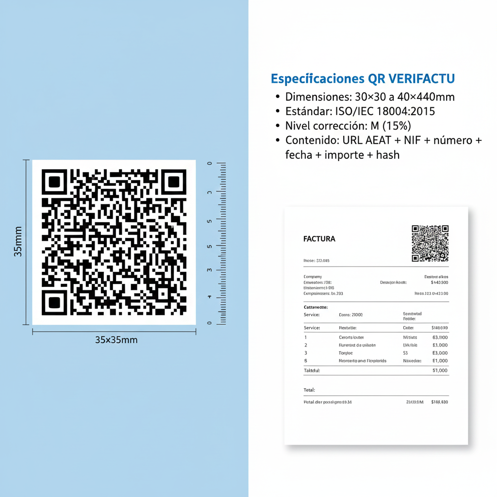 Especificaciones QR VERIFACTU: código QR ejemplo 35x35mm estándar ISO/IEC 18004 nivel M corrección error, contenido URL AEAT más datos factura NIF número fecha importe hash, ejemplo impresión factura con QR visible esquina superior derecha