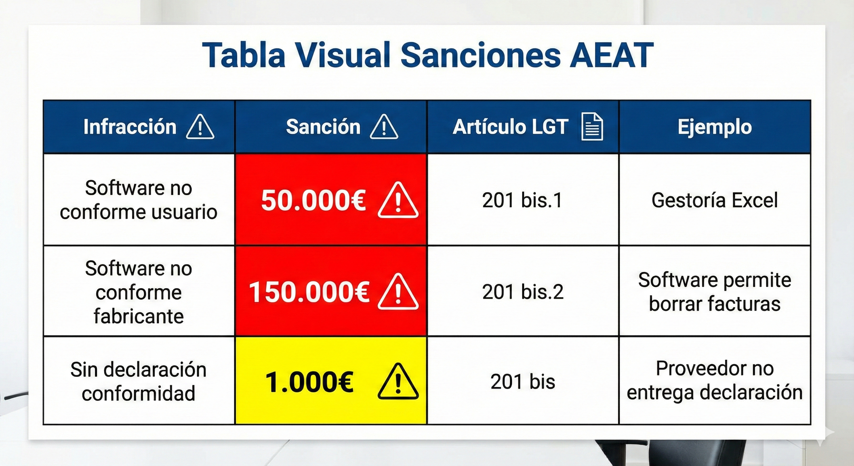 Tabla sanciones AEAT VERIFACTU: 50.000 euros usuarios software no conforme Art 201 bis.1 LGT, 150.000 euros fabricantes distribuidores software no conforme Art 201 bis.2, 1.000 euros por sistema sin declaración responsable, ejemplos casos reales multas gestoría Excel restaurante QR defectuoso