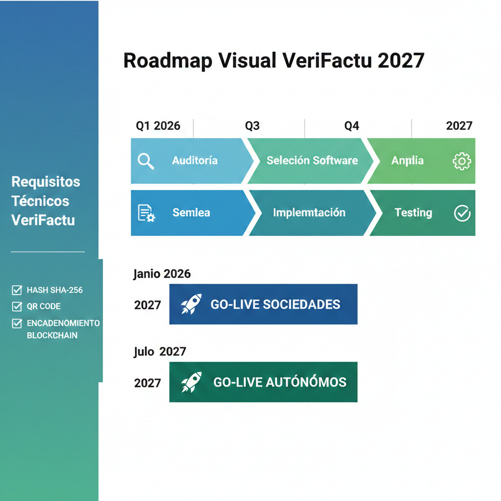 Timeline VeriFactu 2027 con fechas críticas 1 enero sociedades y 1 julio autónomos, roadmap preparación trimestral 2026 y checklist software certificado AEAT