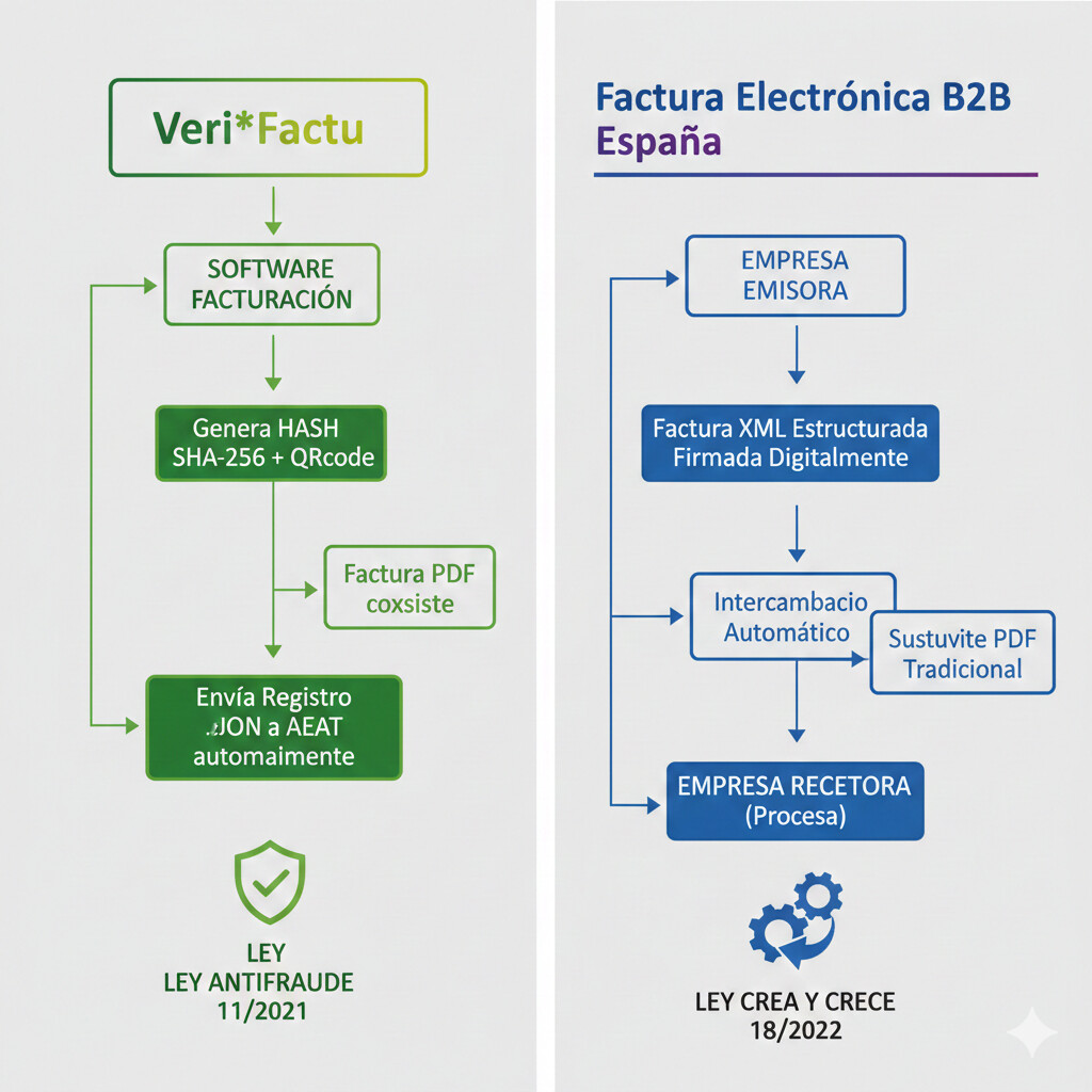 Diagrama comparativo mostrando dos flujos paralelos: izquierda VeriFactu (Ley Antifraude 11/2021, hash SHA-256, envío AEAT automático), derecha Factura Electrónica B2B (Ley Crea y Crece 18/2022, XML estructurado, intercambio empresas)