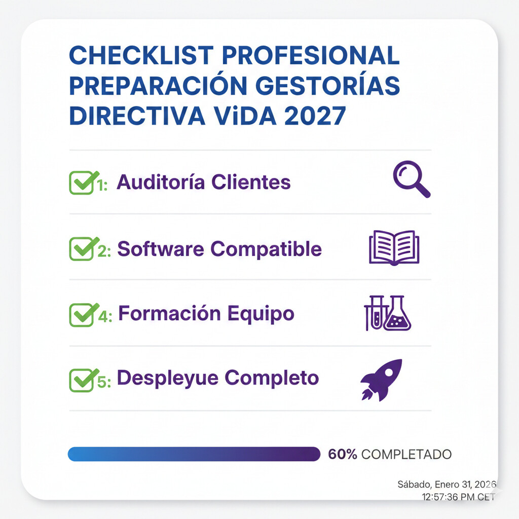 Checklist visual de 25 puntos preparación ViDA dividida en 5 fases: auditoría clientes, software y sistemas, formación equipo, implementación piloto y despliegue completo 2027-2030