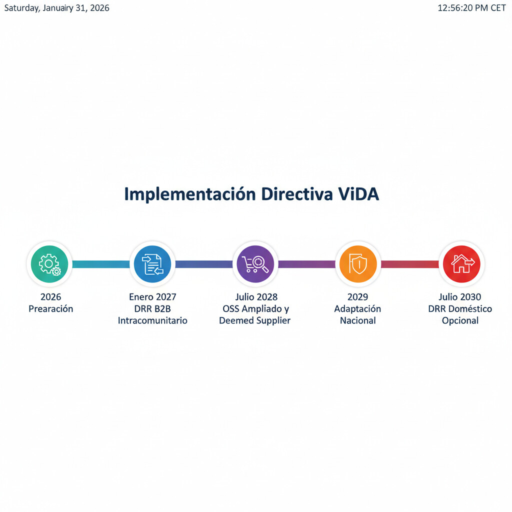 Timeline visual completo implementación ViDA desde Q1 2026 hasta julio 2030: fases de auditoría, formación, piloto, despliegue VeriFactu, OSS ampliado y DRR obligatorio