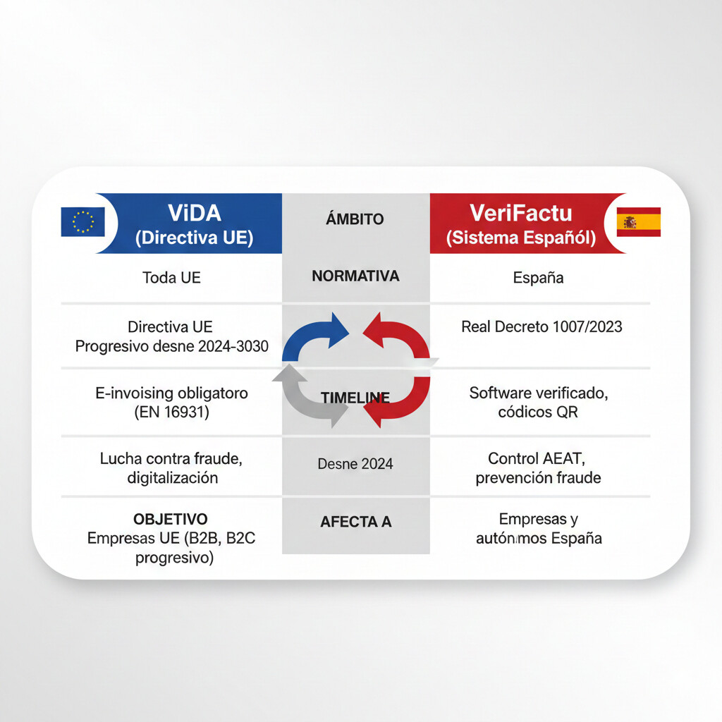 Tabla comparativa detallada ViDA vs VeriFactu: origen normativo, ámbito aplicación, operaciones afectadas, formato factura, plazo reporte, software necesario, fechas entrada vigor y obligatoriedad