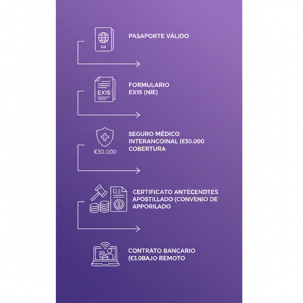 Diagrama visual de requisitos visa nómada digital España 2026: ingresos mínimos 3,024 euros mensuales, seguro médico 30,000 euros sin copagos, NIE formulario EX15, antecedentes penales apostillados