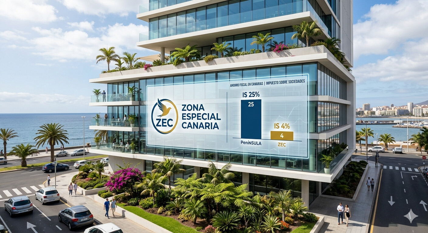 Edificio empresarial en Canarias con sello de la Zona Especial Canaria y el tipo del 4 por ciento del Impuesto de Sociedades para 2026